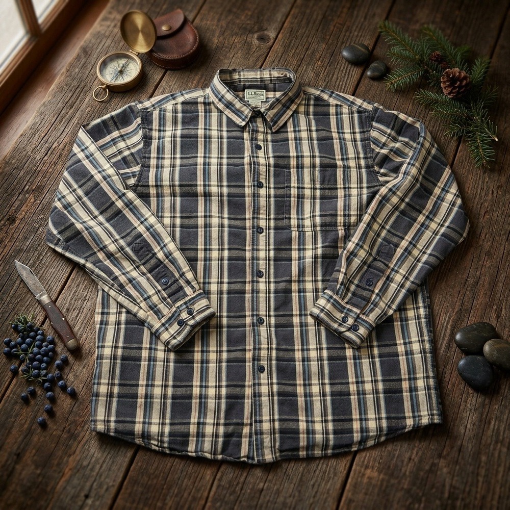 L.L. Bean Men Shirt Large Reg Plaid Button Down Gray Blue 100% Cotton 273023